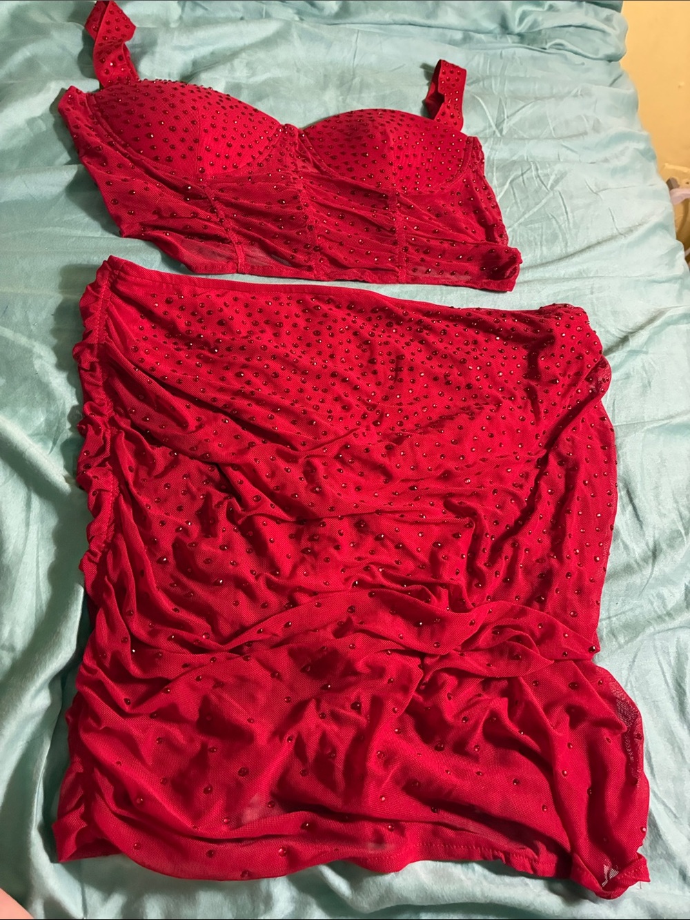 Red Rhinestone Skirt Set